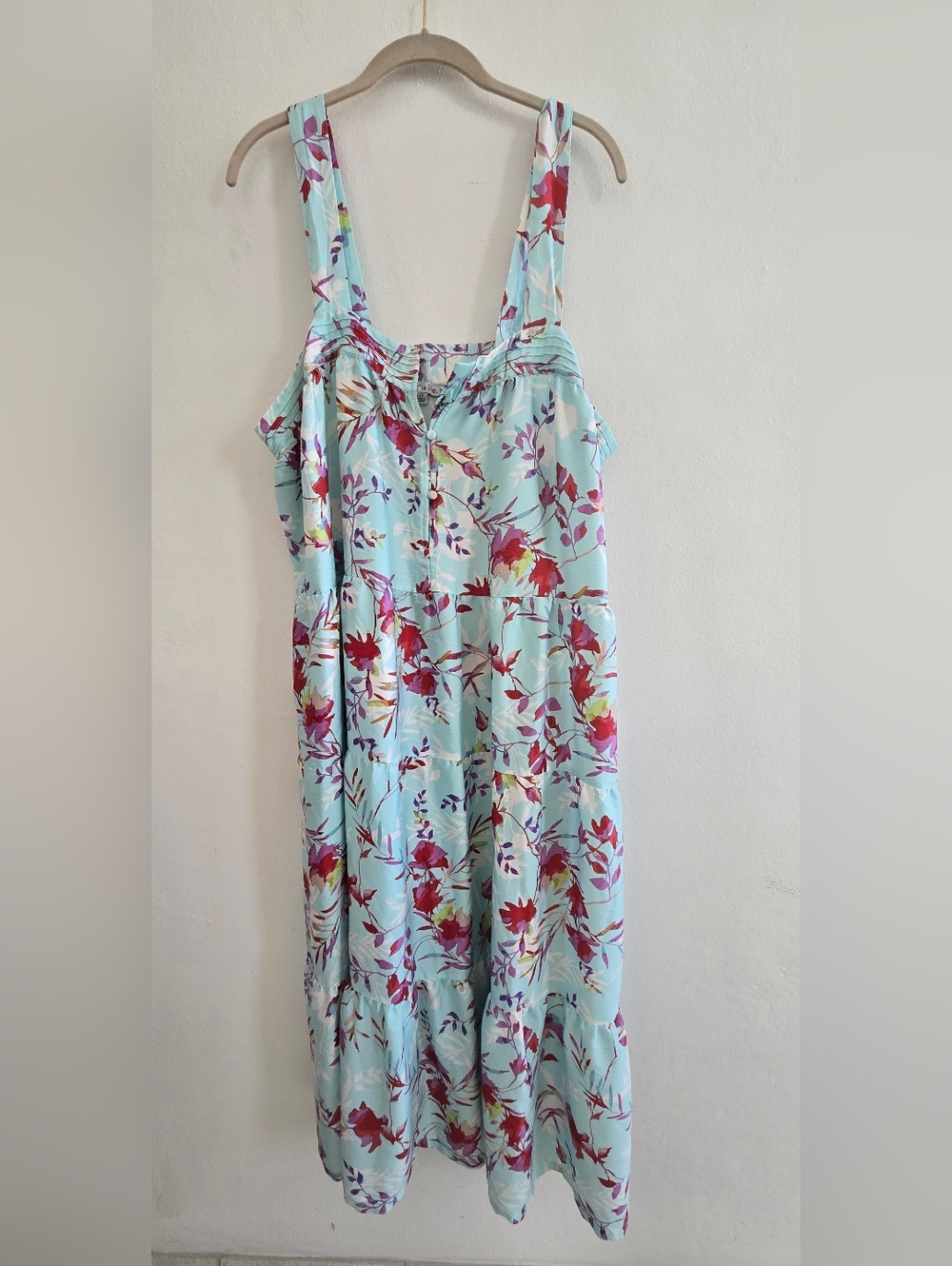 Ophelia Roa Light Blue Floral Tier Maxi Sundress with Pink & Red Blooms Size 1X